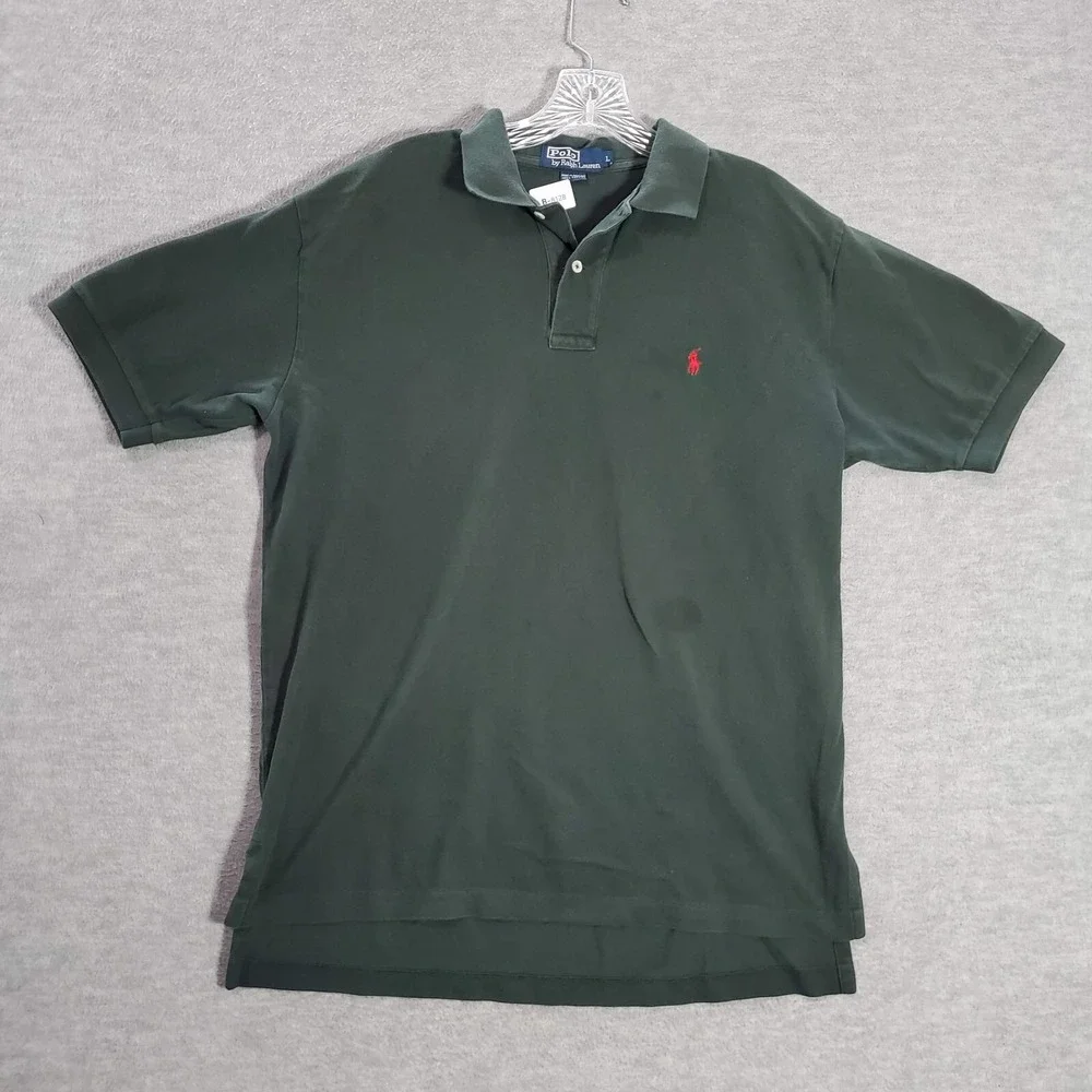 VINTAGE Polo Ralph Lauren Men Polo Shirt L Green Logo Golf Short Sleeve READ